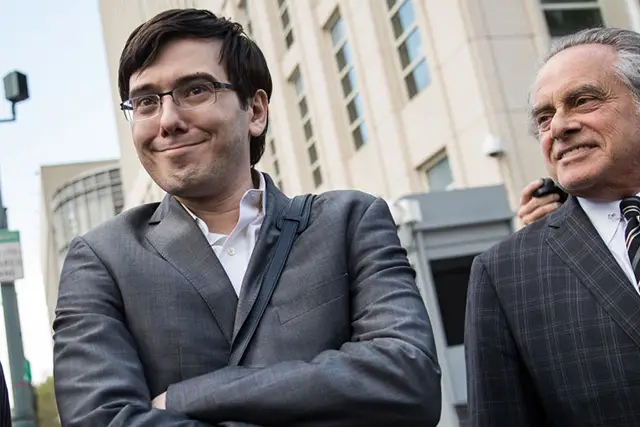 Martin Shkreli, with attorney Benjamin Brafman, outside U.S. District Court for the Eastern District of New York on August 3, 2017